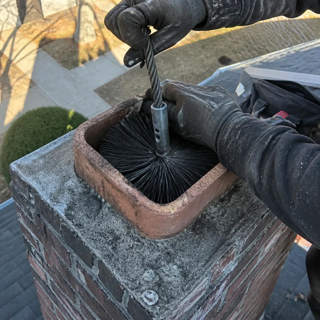 Professional chimney sweep cleaning a chimney flue with a wire brush