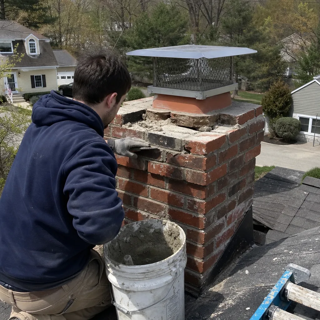 Professional chimney technician repairing brick masonry on a residential rooftop