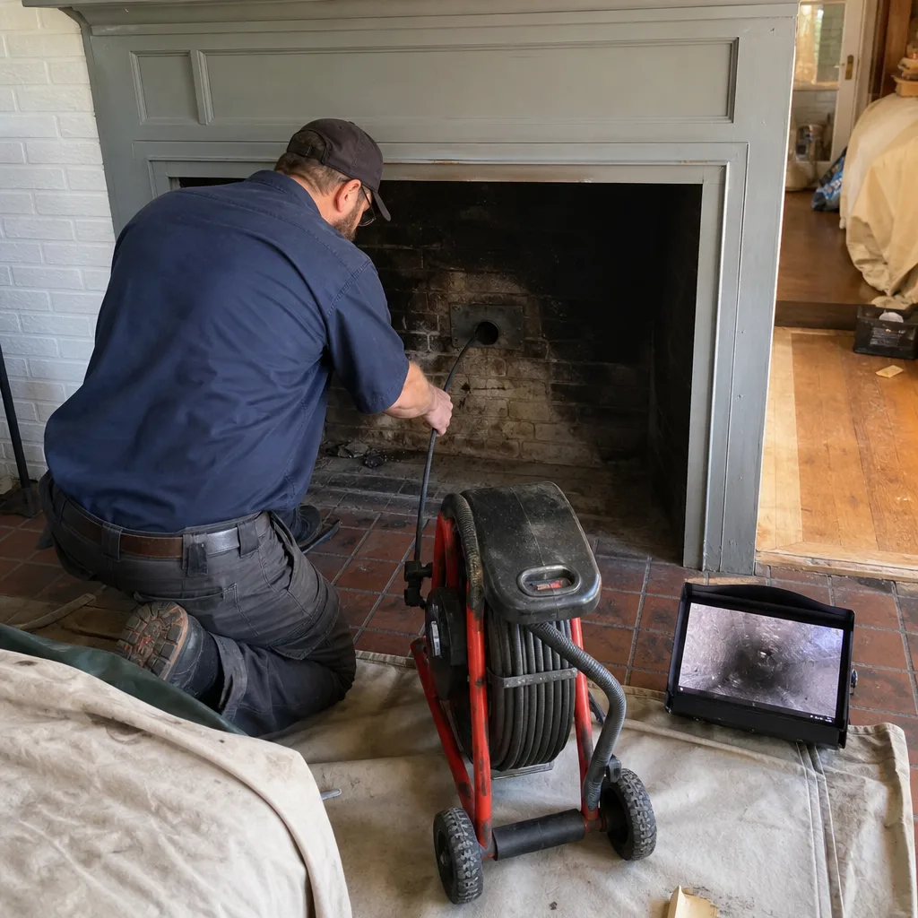 Professional technician performing a chimney fireplace video inspection service
